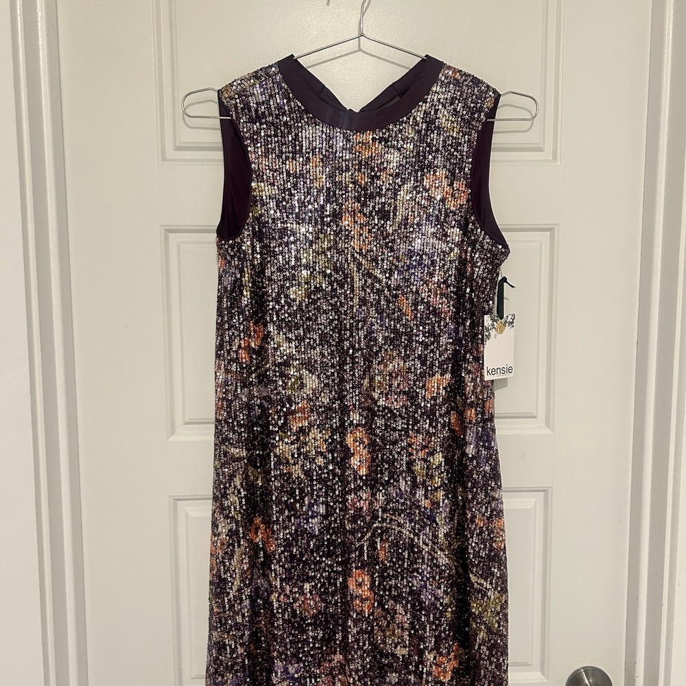Kensie Sequined Purple with Gold and Earthy tones throughout A-Line Midi Dress